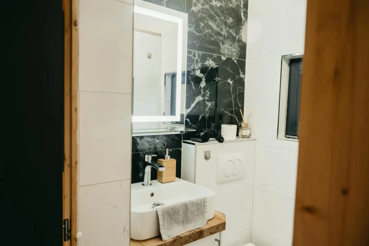 Bathroom with a hot shower