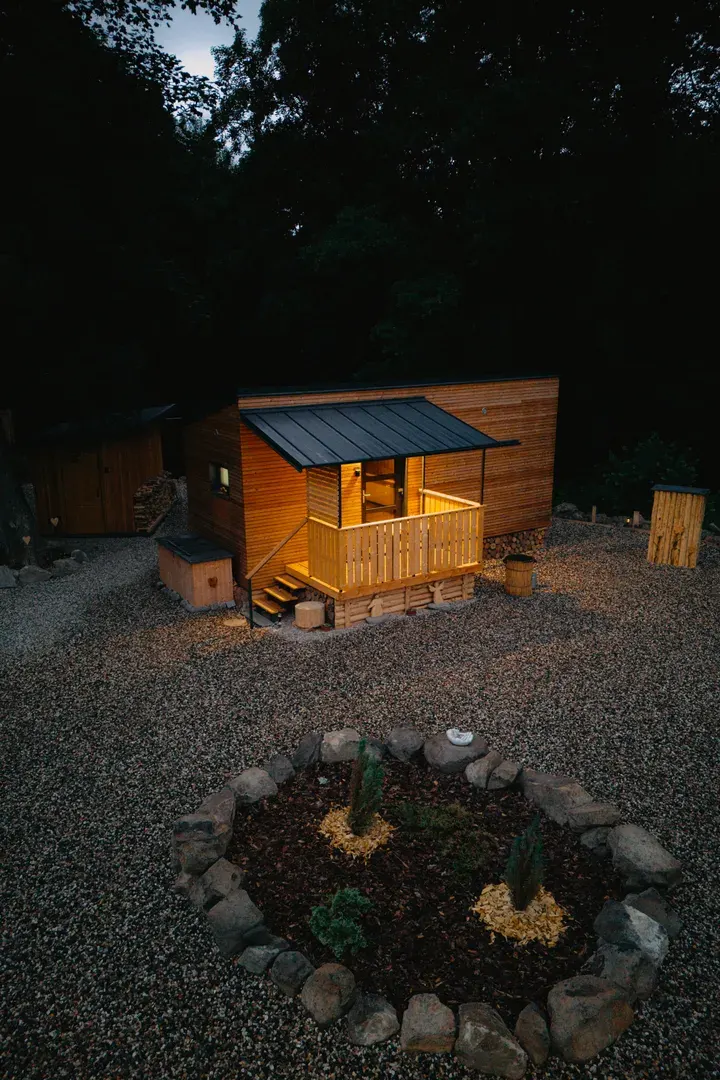 Cabin glowing at night