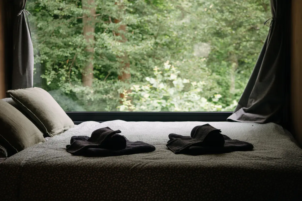 Bett am Fenster mit Blick in den Wald in Žandov